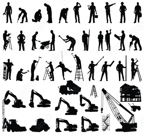 Set of Silhouettes of Construction Workers and Heavy Machinery.