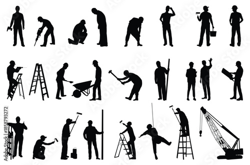 Silhouettes of Construction Workers Engaged in Various Building Activities.
