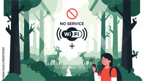 Woman enjoys nature without WiFi signal in forest with deer and rabbit