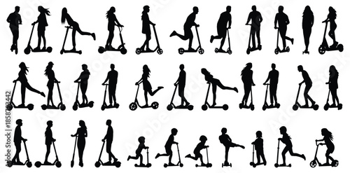 Silhouettes of people riding scooters diverse ages and genders active lifestyle.