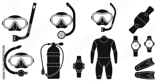 Scuba Diving Equipment Vector Illustration Flat Black White Style Featuring Masks Fins Wetsuit Accessories for Snorkeling Ocean Sports Adventure Outdoor Activities Gear Icons Collection