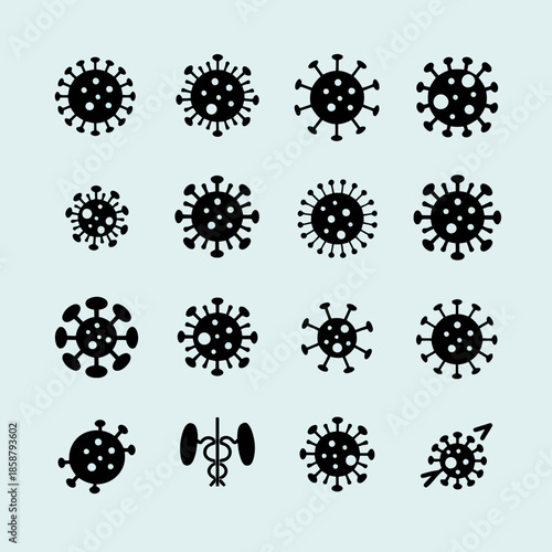 Collection of various virus and bacteria icons in black and white