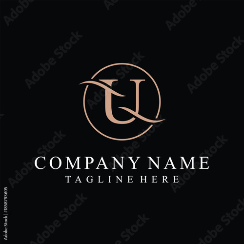 Initial letter u serif font text logo design, golden icon vector concept, circle round graphic vector template