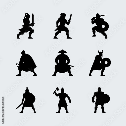 Set of nine black silhouette warriors in various combat poses