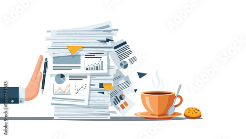 Overwhelmed office worker with huge stack of paperwork and coffee