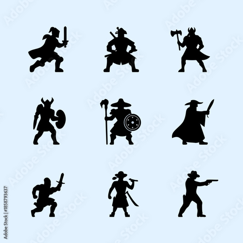 Set of nine black silhouettes of medieval warriors in various combat poses