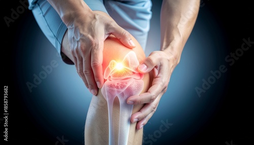 Conceptual medical image of a person holding a painful knee with highlighted joint area, illustrating knee pain, inflammation, injury, and musculoskeletal health issues.
