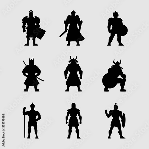 Set of nine medieval warriors in silhouette standing in different poses with shields and weapons