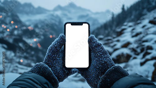 A hand wearing a snowy glove holds a phone with a blank white screen.