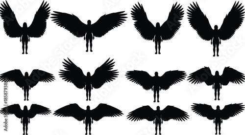 Angel silhouette collection, winged human figures, fallen angel poses, dark fantasy character set, black vector illustration