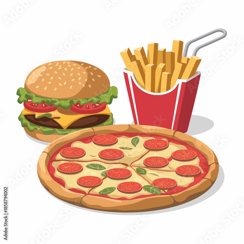 Delicious fast food meal with burger, fries, and pizza on a table