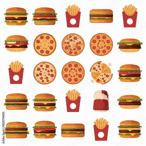 Assorted fast food items including burgers, fries, and pizza on a
