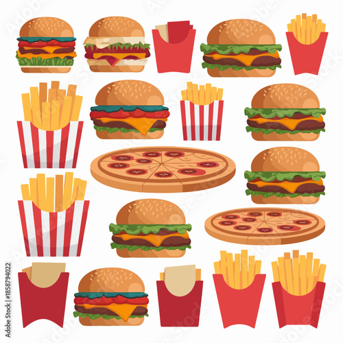 Assorted burgers and fries illustration with various types of hamburgers and french fries
