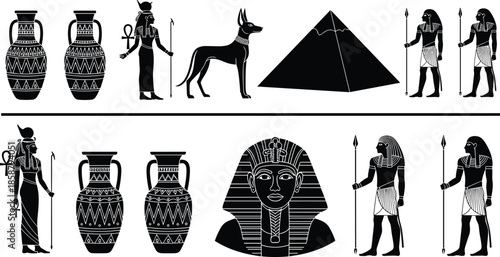 Ancient Egyptian silhouette set, pharaoh gods symbols, Anubis pyramid pottery vector illustration, historical Egypt culture art collection