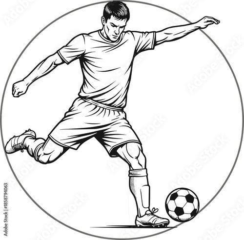 Professional male soccer player vector illustration kicking a ball in a circular frame featuring high energy black and white hand-drawn sketch style for sports branding.