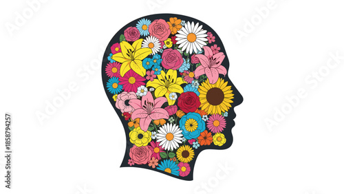 Vibrant floral human head silhouette with colorful flowers
