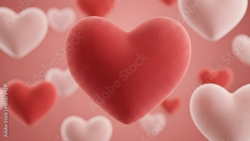 Close-up of soft textured 3D hearts floating against a blurry pink background.
