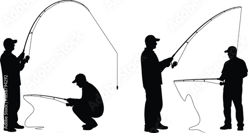 Fishing silhouette set, anglers casting rods by river, outdoor sport activity, fisherman poses vector illustration collection