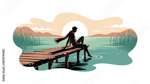 Serene woman relaxing on wooden dock by calm lake at sunset with mountains