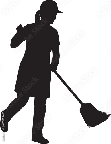 Vector  illustration of Silhouette of a woman sweeping with a broom, isolated on transparent background.
