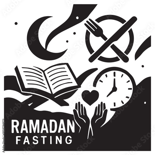 Minimal black-and-white Ramadan fasting icon featuring crescent moon, prayer hands, Quran, clock, and crossed utensils.