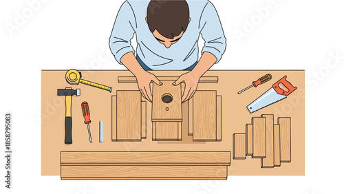 Man building birdhouse with tools on wooden workbench