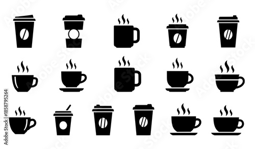 Solid Coffee Cup Silhouette Icon Set with Steaming Hot Beverage Symbols