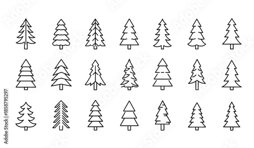 Minimal Pine and Fir Tree Line Icon Set with Christmas Tree Symbols Isolated on White