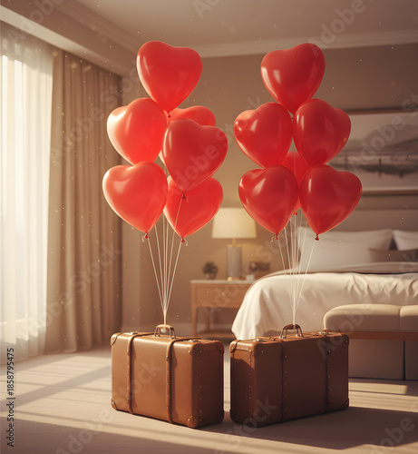A vintage suitcase sits on a bed, adorned with a bouquet of heart balloons.