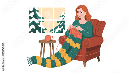 Woman knitting colorful scarf while sitting in cozy living room with warm coffee