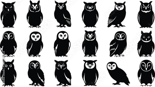 Owl silhouette collection, nocturnal bird icons, wildlife animal figures, black vector illustration set, nature symbols design
