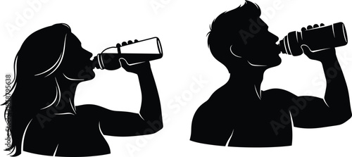 Man and woman drinking water bottle silhouettes, fitness hydration concept, healthy lifestyle, sports training vector illustration