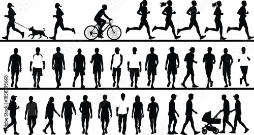 People silhouette activity set, walking running jogging cycling dog walking fitness lifestyle vector illustration collection, urban daily movement health exercise