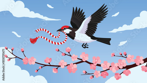 Bird carrying martenitsa over spring blossoms illustration