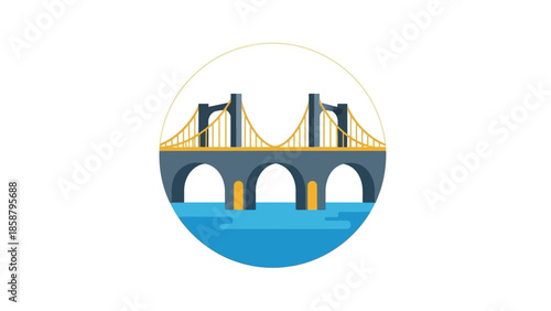 Stylized illustration of a suspension bridge over water within a circular frame.