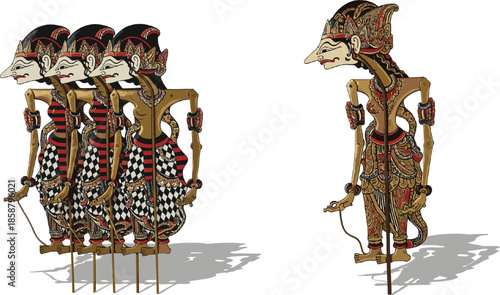 Traditional Indonesian wayang kulit shadow puppet vector illustration featuring detailed ornate characters with articulated limbs for cultural performance and Southeast Asian heritage design.