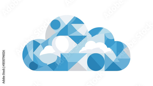 Abstract blue cloud shape with geometric patterns.
