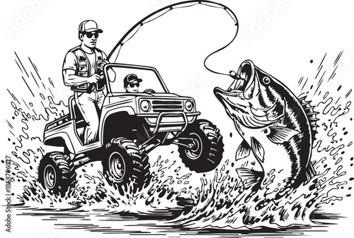 UTV Bass Fishing, utv, offroad,car, vintage, auto, old, vehicle, truck, automobile, antique, design, motor, wheels, illustration, silhouette, vector, wheel, toy, transportation, retro, model, classic,