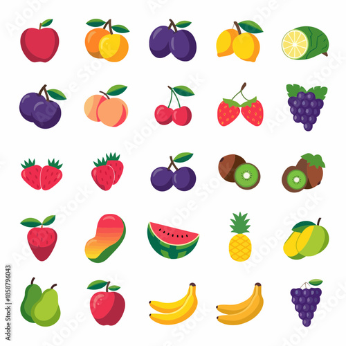 Colorful illustration of various fruits including apples, bananas, grapes, and kiwis arranged in a grid pattern