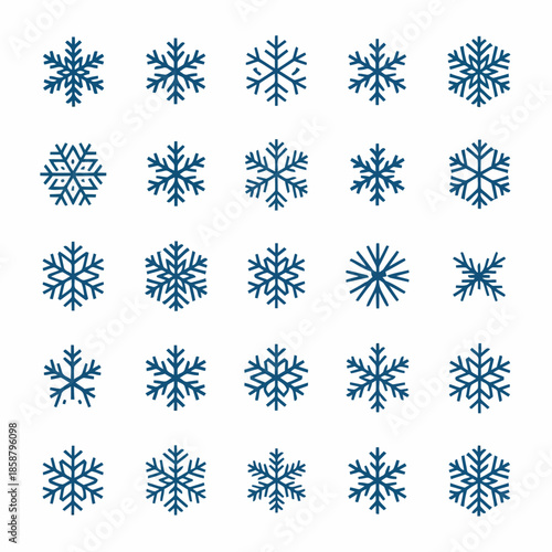 Collection of various snowflake designs, intricate and symmetrical, perfect for winter themes and holiday decorations