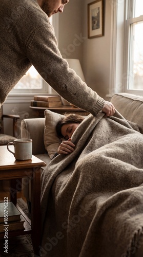 A cozy scene of a person being tucked in with a blanket while resting on a couch, embodying comfort and care in a warm indoor setting.