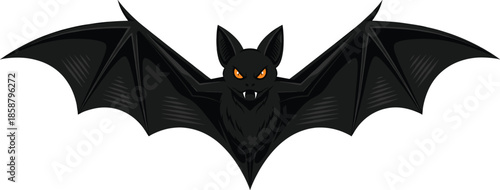 Spooky black bat vector illustration with glowing orange eyes and sharp fangs flying on white background for Halloween party decorations, scary posters, and gothic design.