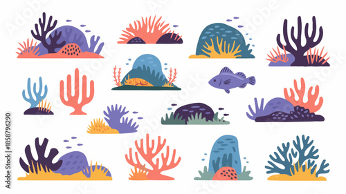 Colorful underwater scene with various sea creatures and coral reefs in a vibrant ocean environment