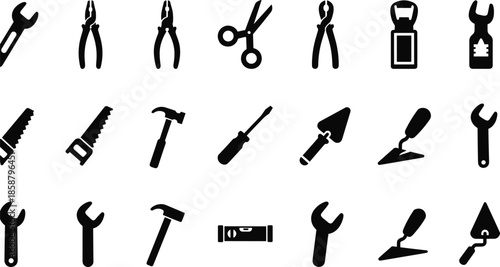 Handyman tools silhouette icon set, wrench pliers hammer screwdriver saw trowel symbols, construction repair equipment vector collection, black flat minimal