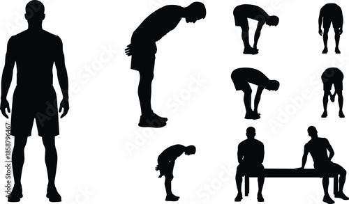 Human body posture silhouette set, bending standing sitting poses, anatomy movement study, fitness exercise vector illustration
