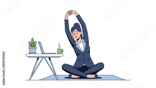Businesswoman stretching at desk with laptop and coffee