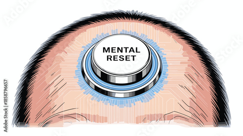 Mental reset concept with button on human forehead