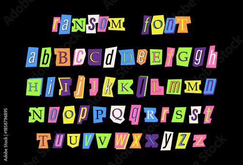 Colorful cut out ransom alphabet on a black background. Vector handmade magazine alphabet. Latin collage font. Big collection of anonymous letter typeface.