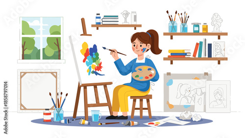 Young artist creating colorful painting in cozy studio with art supplies