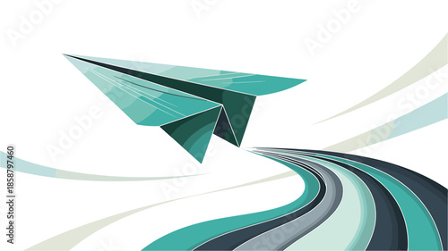 Modern teal paper airplane soaring through dynamic curved lines on white background